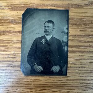 Antique Tintype Portrait Gentleman with Moustache and Boutonniere 2.5x3.5 Inch